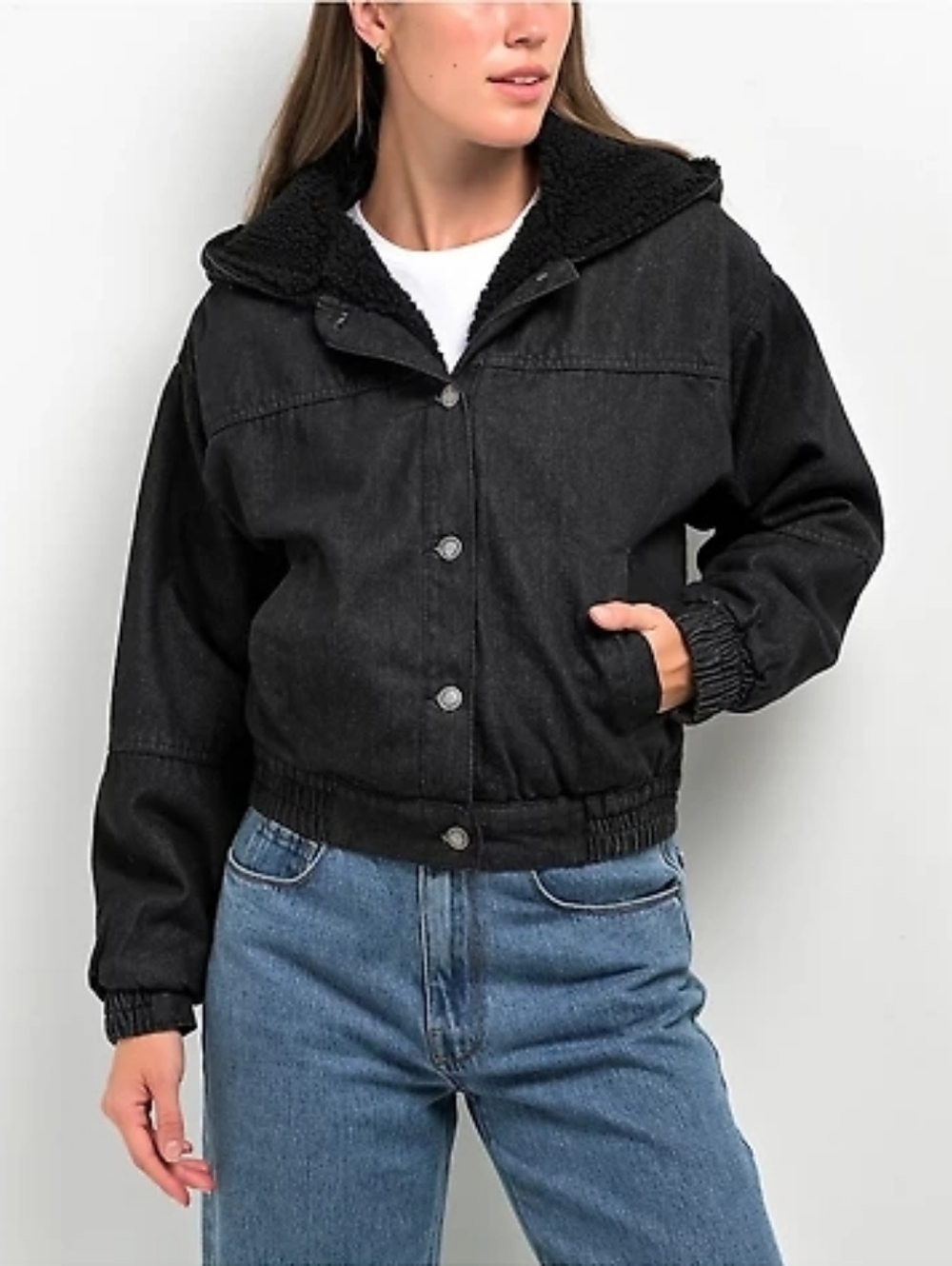Angel Kiss Black Bomber Hooded Jean Jacket  Size M